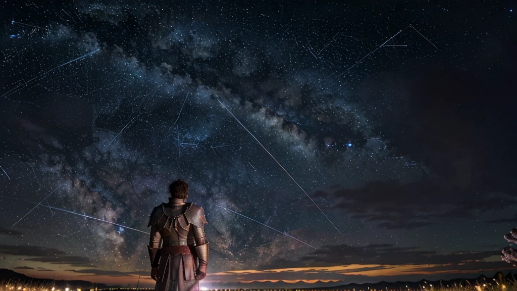 1man, distant man wearing a crusader armour staring at the stars, (zoomed out:1.1), (meteor shower:1.2), (comet:1.1), your name, low angle, from behind, aroura borealis, shooting star, yukata, red armour, cherry blossoms, standing in a field,best quality, masterpiece, cloud,colorful, starry,stars,