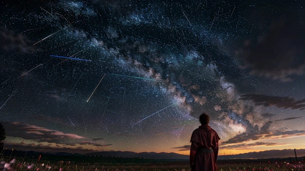 1man, distant man wearing a crusader armour staring at the stars, (zoomed out:1.1), (meteor shower:1.2), (comet:1.1), your name, low angle, from behind, aroura borealis, shooting star, yukata, red armour, cherry blossoms, standing in a field,best quality, masterpiece, cloud,colorful, starry,stars,
