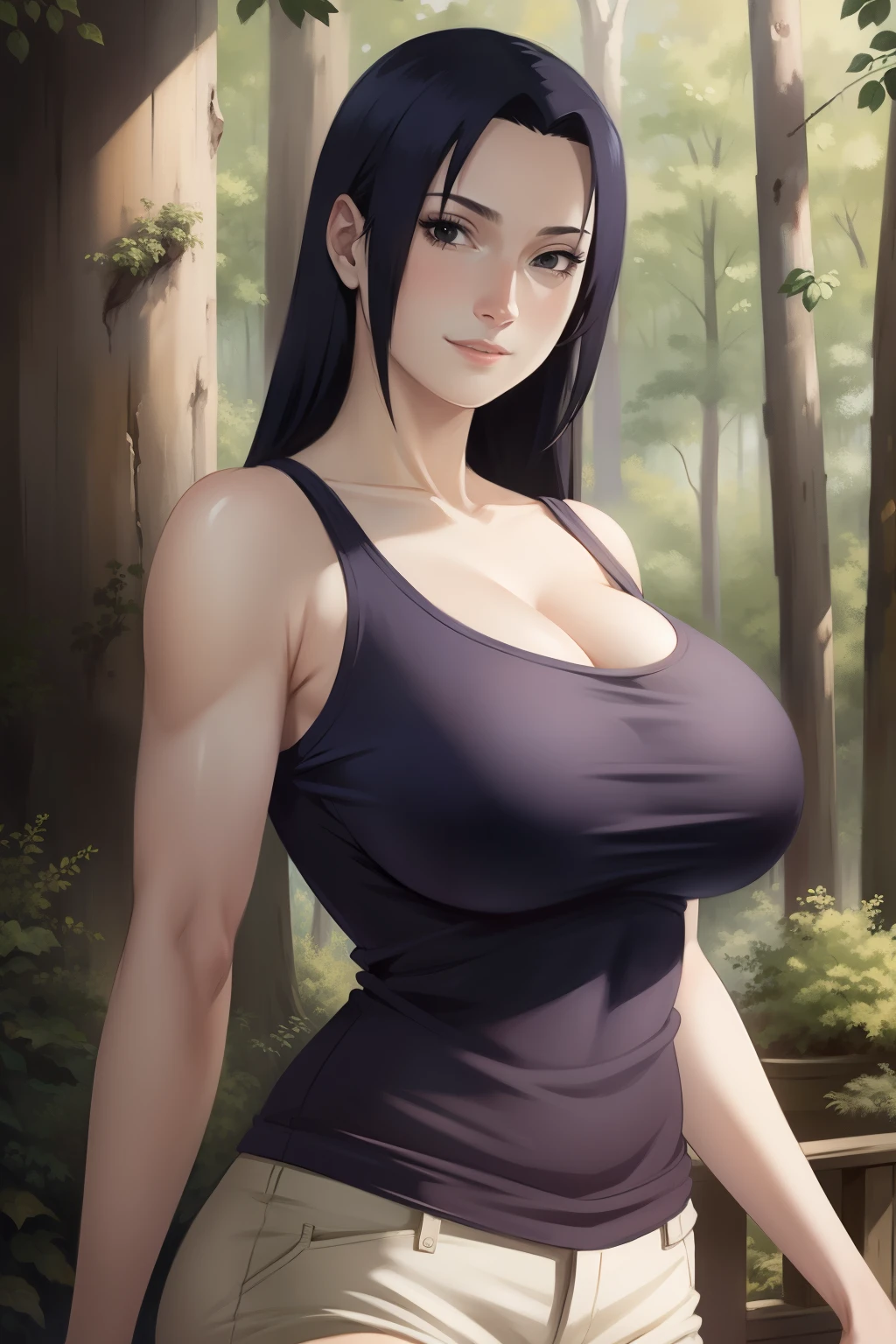 Mikoto Uchiha, oil painting, ultra-detailed, realistic, portrait, vivid colors, soft lighting, (best quality,4k,8k,highres,masterpiece:1.2), (big round breasts:1.5), professional, long black hair, black eyes, beautiful detailed eyes and face, extremely detailed smile, long eyelashes, looking at viewer, very short top, big ass, bare shoulders, white shorts, outdoors, forest, cowboy shot, clavicle.