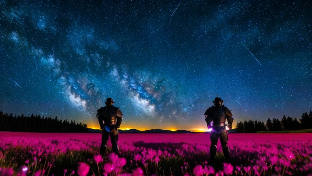 1man, distant man wearing a crusader armour staring at the stars, (zoomed out:1.1), (meteor shower:1.2), (comet:1.1), your name, low angle, from behind, aroura borealis, shooting star, yukata, red armour, cherry blossoms, standing in a field,best quality, masterpiece, cloud,colorful, starry,stars,