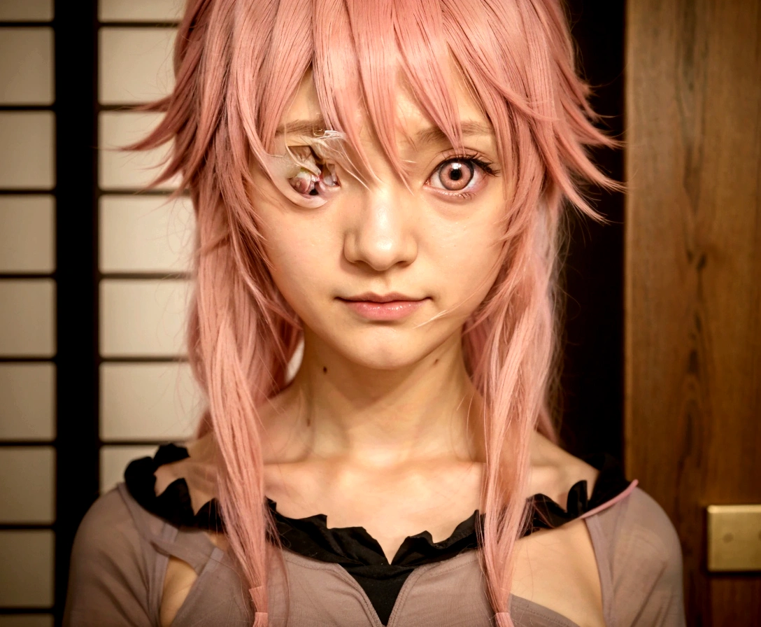 anime girl with pink hair and a black top staring at the camera, anime girl named gasai yuno, mirai nikki, mirai nikki, mirai nikki, gasai yuno, mirai nikki, rogue anime girl yuno gasai, close up of a young anime girl, in the anime film, today's featured anime still