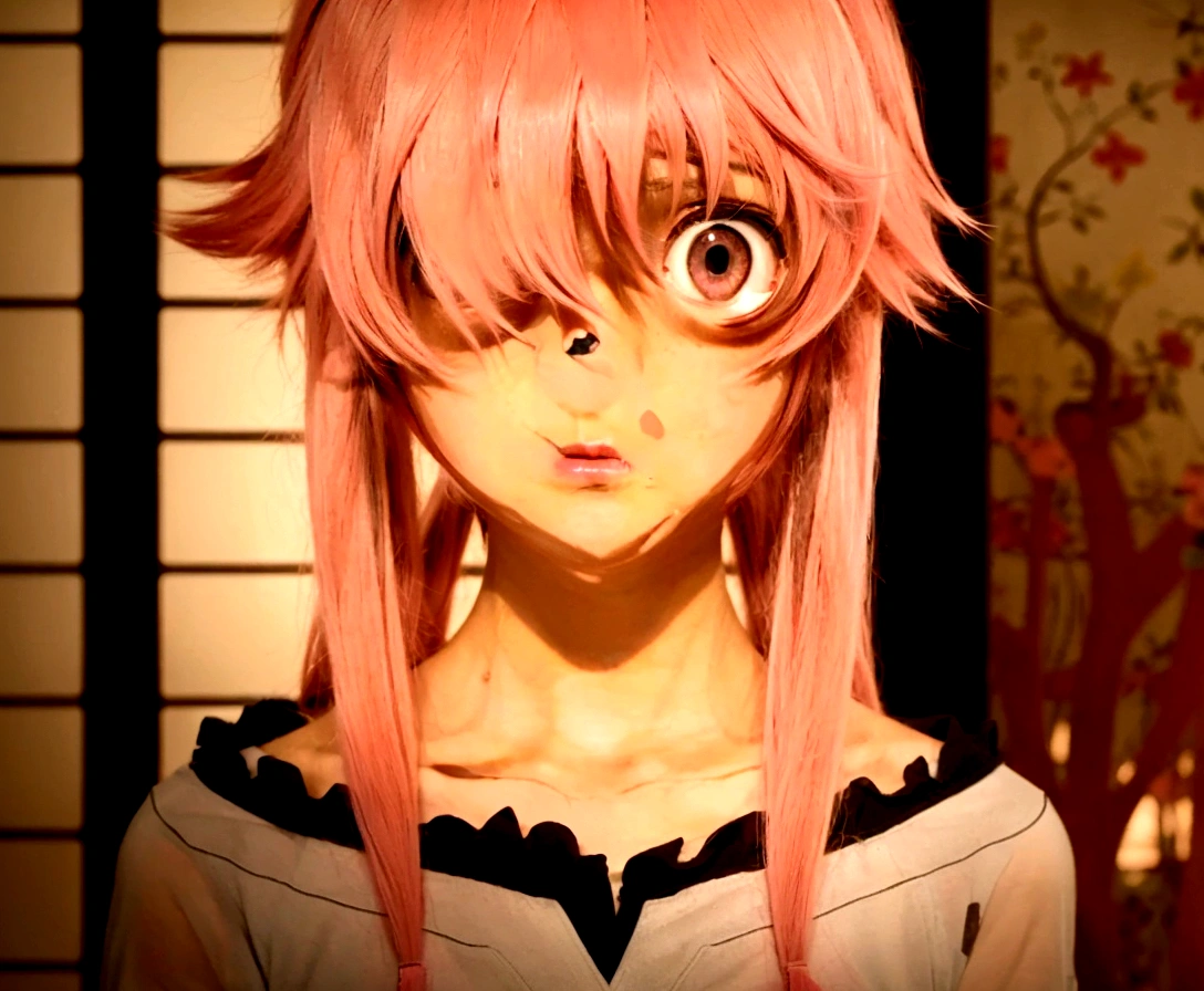 anime girl with pink hair and a black top staring at the camera, anime girl named gasai yuno, mirai nikki, mirai nikki,  mirai nikki, gasai yuno, mirai nikki, rogue anime girl yuno gasai, close up of a young anime girl, in the anime film, today's featured anime still