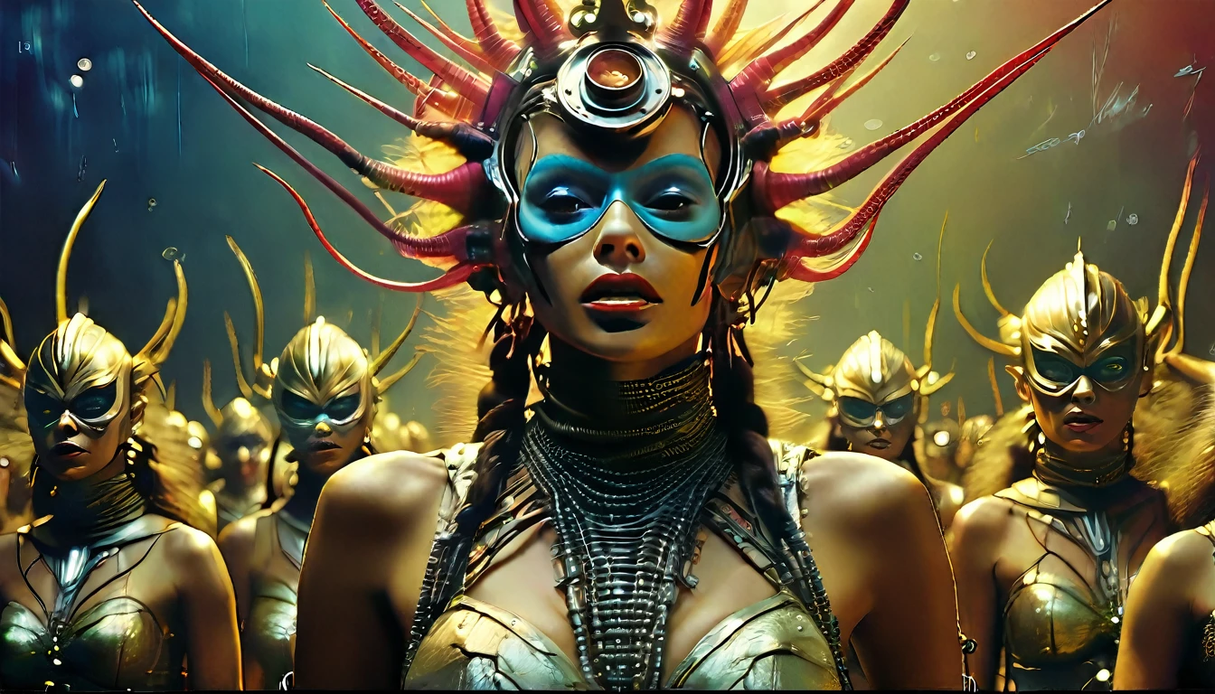 a movie poster for slave girls from beyond infinity, inspired by Clyde Caldwell, futuristic apocalypse, stalenhag, metal album cover, gwar, heavy metal band promo, wayne barlowe pierre pellegrini, retro sci fi, movie poster with no text, movie poster promo, ultra detailed, complex, sharp focus, object texture, studio photo, intricate details, highly detailed, Real Photo style, hyper-realistic, high dynamic range, rich colors, realistic textures, 8K uhd, high color depth, Nikon D 850, Kodak 400 port, fujifilm XT, (cinematic film:3.1)