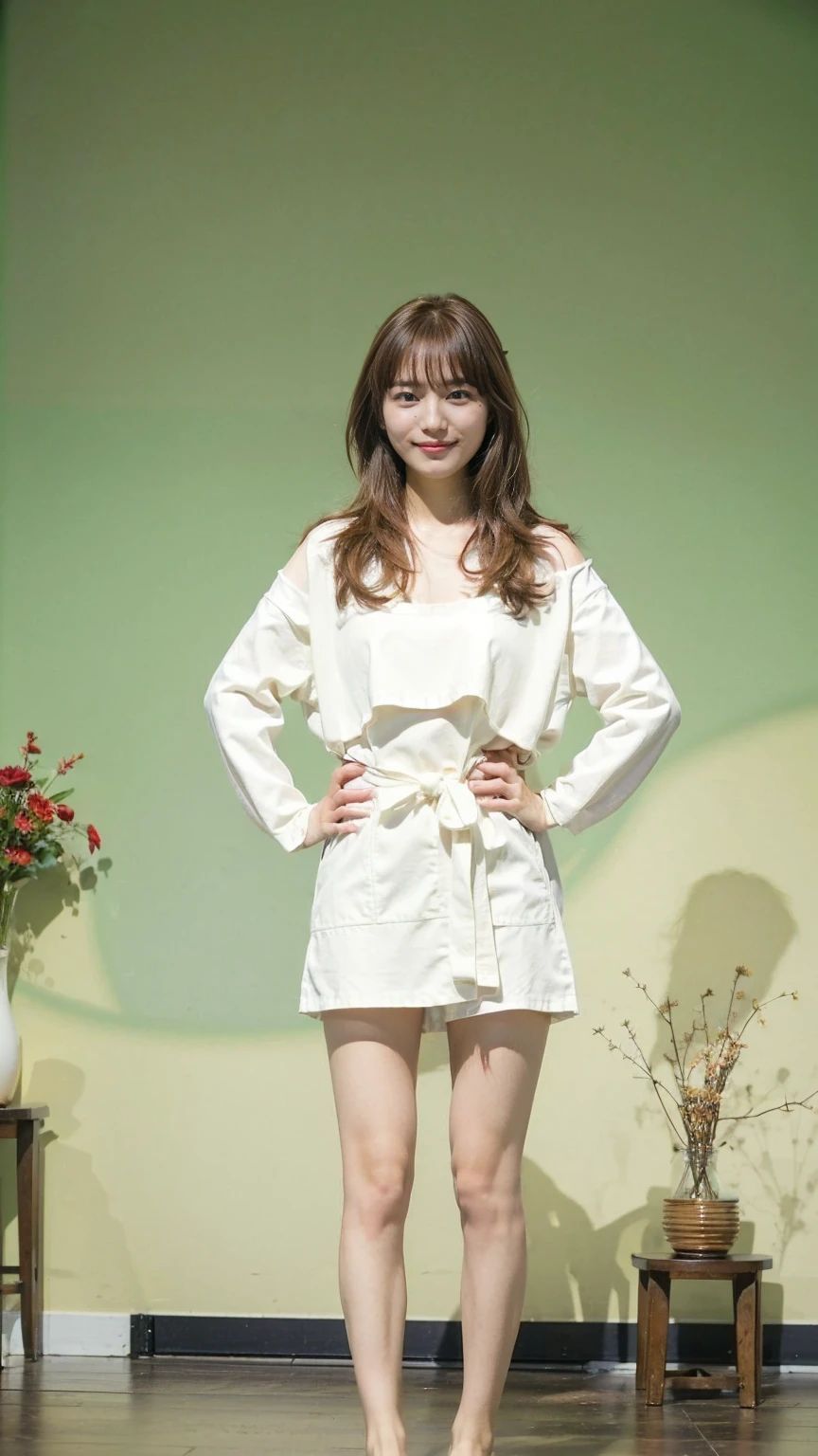 (8K、RAW Photos、Highest quality、masterpiece:1.2)、(Realistic、Realistic)、1 Girl、((Completely naked:1.2、Thin legs、whole body、View from the front、smile、Looking into the camera、Stand with hands on hips))、cute