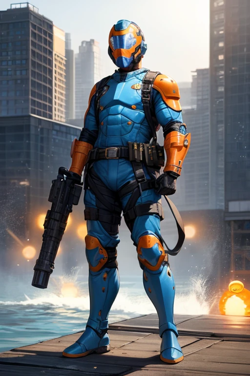 ((best quality)), ((masterpiece)), (detailed), 1 male, full body, 23 years old, masked, light blue construction helmet, piranha helmet, smooth head, superhero mask, black collar, tall, thin, black gloves, orange grenades, orange grenades on his chest harness belt, black chest harness belt, light blue wristbands, water cannons on his shoulders, shooting water, diving suit, light blue suit resembling light armor, light blue armor with an emblem, orange circular emblem on his chest, orange emblem, light blue pants, gray knee pads, metallic light blue boots, black superhero belt, standing on a pier by the sea, city background, anime