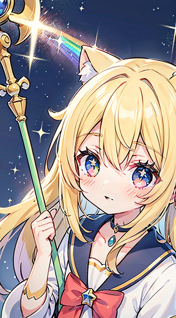 Chica de anime con varita y varita de estrella en la mano, Portrait of Magical Girl, Sparkling Magic Girl, Magical Girl, galaxy, luna, estrellas, magia, anime, chica, , adorable, heterochromia, pelo arco iris, mahou shoujo, Magical Girl, ojos estrella, pelo largo, kawaii, small girl, Anime illustration, rainbow hair, star eyes, Magical Girl Anime, girlish, mascota, Holding magic staff, ojos grandes