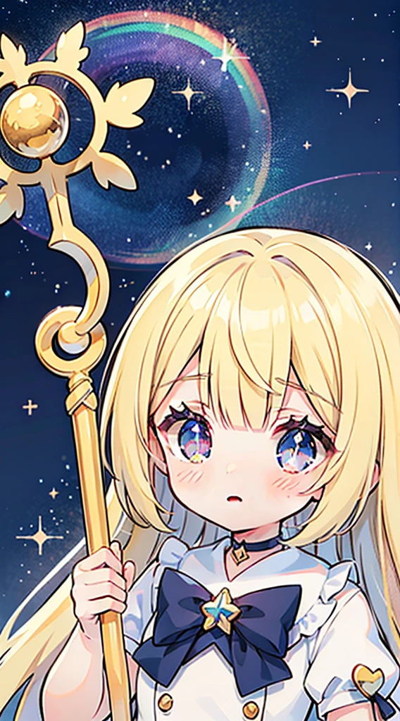Chica de anime con varita y varita de estrella en la mano, Portrait of Magical Girl, Sparkling Magic Girl, Magical Girl, galaxy, luna, estrellas, magia, anime, chica, , adorable, heterochromia, pelo arco iris, mahou shoujo, Magical Girl, ojos estrella, pelo largo, kawaii, small girl, Anime illustration, rainbow hair, star eyes, Magical Girl Anime, girlish, mascota, Holding magic staff, ojos grandes