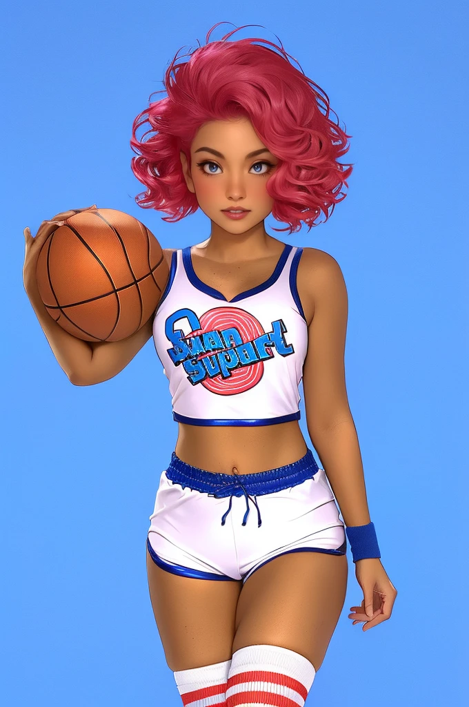 masterpiece, best quality, 1girl, l0la, shorts, socks, midriff, crop top, kneehighs, short shorts, tank top, wristband, white shorts, basketball, solo,  Fr3ckles, freckles, short  hair, pink hair, black background 