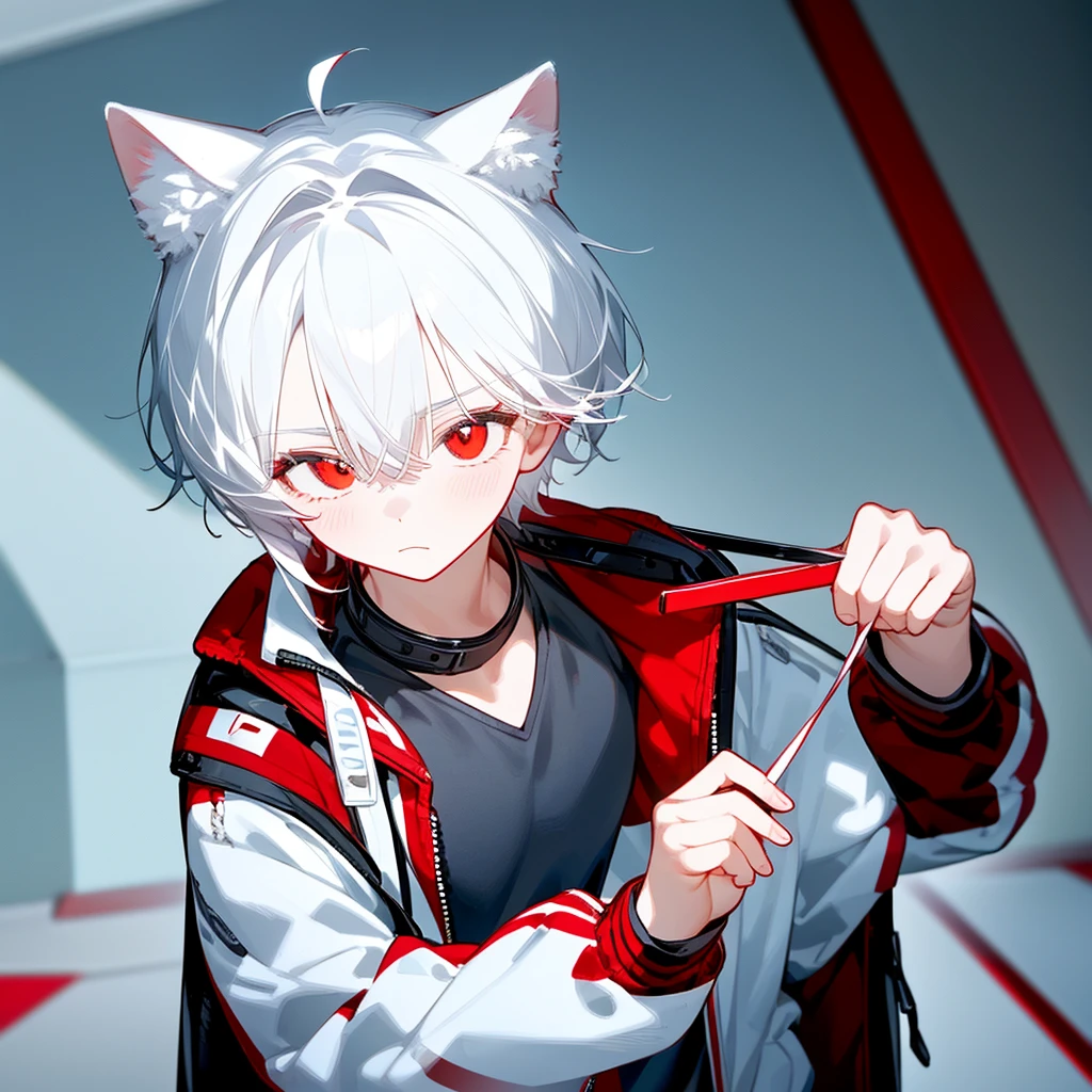 A solo cat boy, With white hair, red eyes, , wearing jacket, bust up!!!!!!!!!,cute boy in school, Holding a candy , 