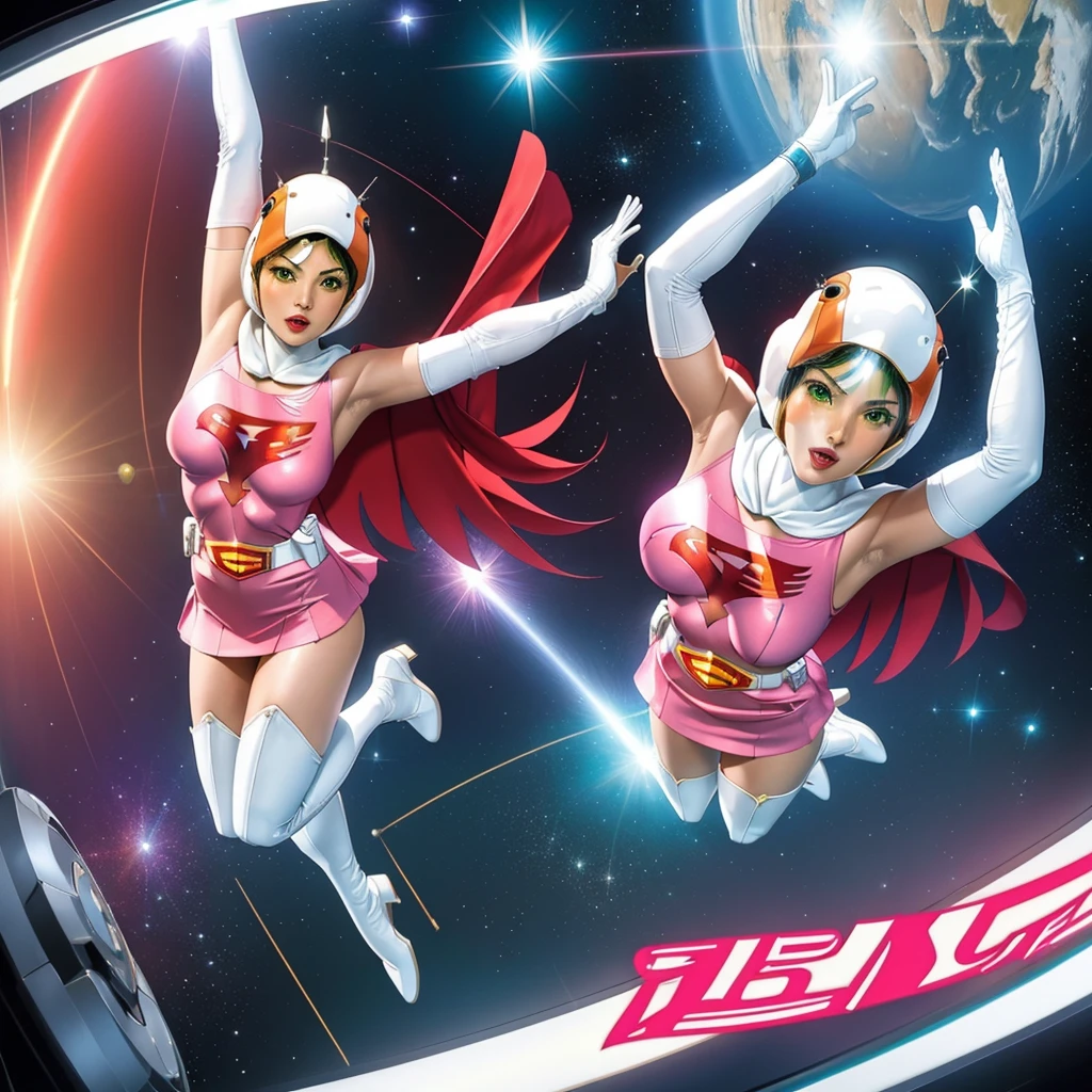 ANI_CLASSIC_jun_gatchaman_ownwaifu,1girl, 15 years old,good anatomy, masterpiece, best quality,realistic, hyperrealistic, 16k hdr,breasts,green eyes,lips,large breasts,lipstick,makeup,gloves,cape,helmet,belt,elbow gloves,white gloves,mask,ultra miniskirt,leotard,spacesuit,white tight overknee highheels boots,pink dress,superhero,bodysuit,cleavage,erected nipples,((jumping poses,arms up straight)),cameltoe