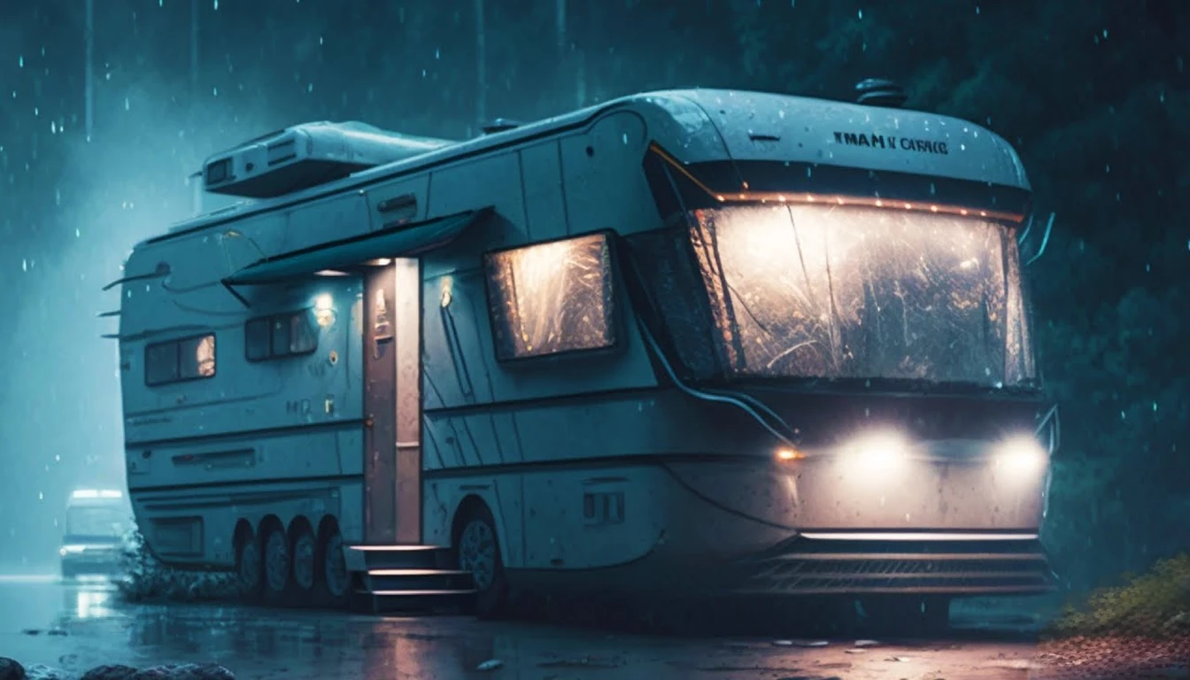 there is a bus that is parked in the rain in the woods, in the art style of filip hodas, inspired by Simon Stålenhag, beeple. hyperrealism, realism | beeple, inspired by Filip Hodas, beeple style, in style of beeple, artem demura beeple