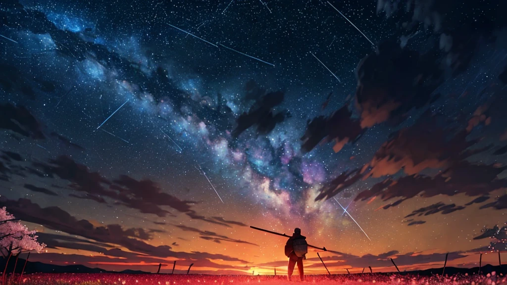 1man, distant man wearing a crusader armour staring at the stars, (zoomed out:1.1), (meteor shower:1.2), (comet:1.1), your name, low angle, from behind, aroura borealis, shooting star, yukata, red armour, cherry blossoms, standing in a field,best quality, masterpiece, cloud,colorful, starry,stars,