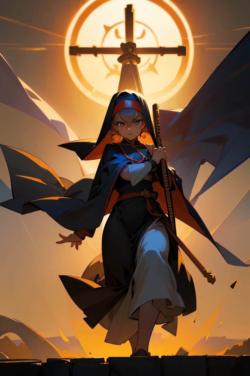 a warrior nun with japanese habit, holding a cross on her chest, devoted to god, fullbody, (best quality,4k,8k,highres,masterpiece:1.2),ultra-detailed,(realistic,photorealistic,photo-realistic:1.37),HDR,UHD,studio lighting,ultra-fine painting,sharp focus,physically-based rendering,extreme detail description,professional,vivid colors,bokeh,yugioh art style,cinematic lighting,dramatic pose,dramatic angle,chiaroscuro,rich colors,intricate details,elegant,dignified,powerful,sacred