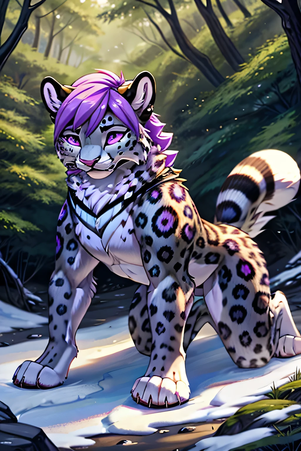 intimidating feral Female snow leopard with purple eyes standing on all fours she in forest