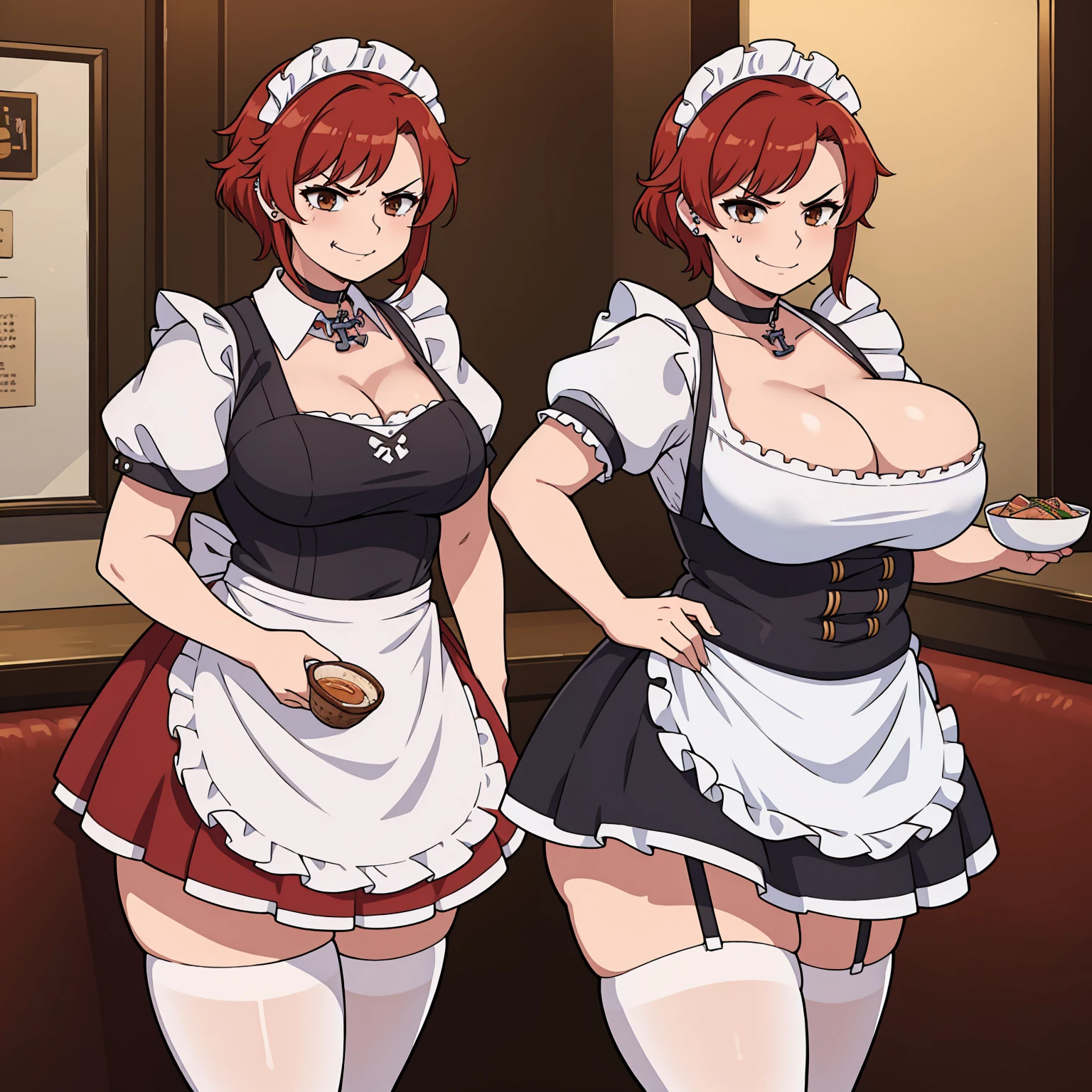 (masterpiece, best quality:1.4), illustration, 8k, hd, 1girl, solo, short_messy_hair, red_hair, dress, white_thighhighs, no underwear, short_sleeves, frills, apron, brown_eyes, cleavage, metal_collar, anchor_choker, maid, white maid, ((big breast, angry, delinquent, bully, piercing, smirk)), (restaurant, maid cafe) 