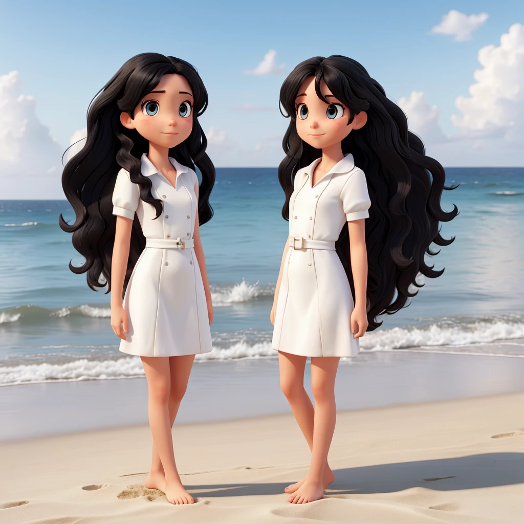 Twin sisters on the beach, white, highres, one with straight black hair and the other with long, wavy hair, blue green bikini