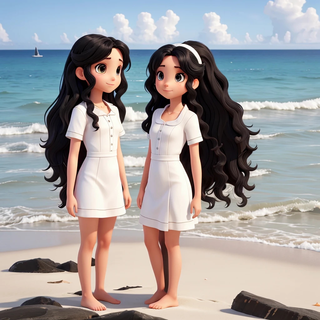 Twin sisters on the beach, white, highres, one with straight black hair and the other with long, wavy hair 