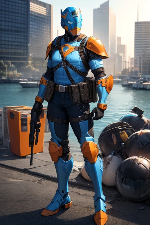 ((best quality)), ((masterpiece)), (detailed), 1 male, full body, 23 years old, masked, light blue construction helmet, piranha helmet, smooth head, superhero mask, black collar, tall, thin, black gloves, orange grenades, orange grenades on his chest harness belt, black chest harness belt, light blue wristbands, water cannons on his shoulders, shooting water, light blue suit resembling light armor, light blue armor with an emblem, orange circular emblem on his chest, orange emblem, light blue pants, gray knee pads, metallic light blue boots, black superhero belt, standing on a pier by the sea, city background, anime