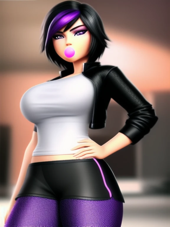 ((Masterpiece)), ((Best Quality)), (Detailed face:1.2), (Detailed eyes:1.2), (Detailed pupils:1.2), Ultra High Resolution, HDR, absurderes, 8K, intricate details, ultra-detailed, dramatic lighting, (solo, 1 girl:1.02), Gogo_Tomago, short hair, black hair, jewelry, jacket, lo purple hair, medium breasts, shorts, bracelet, makeup, casual, cropped jacket, leggings, sleeves pushed up, capri pants, black leggings, cowboy shot, brown eyes, looking at the viewer with a smug look on face, (blowing bubble gum),
