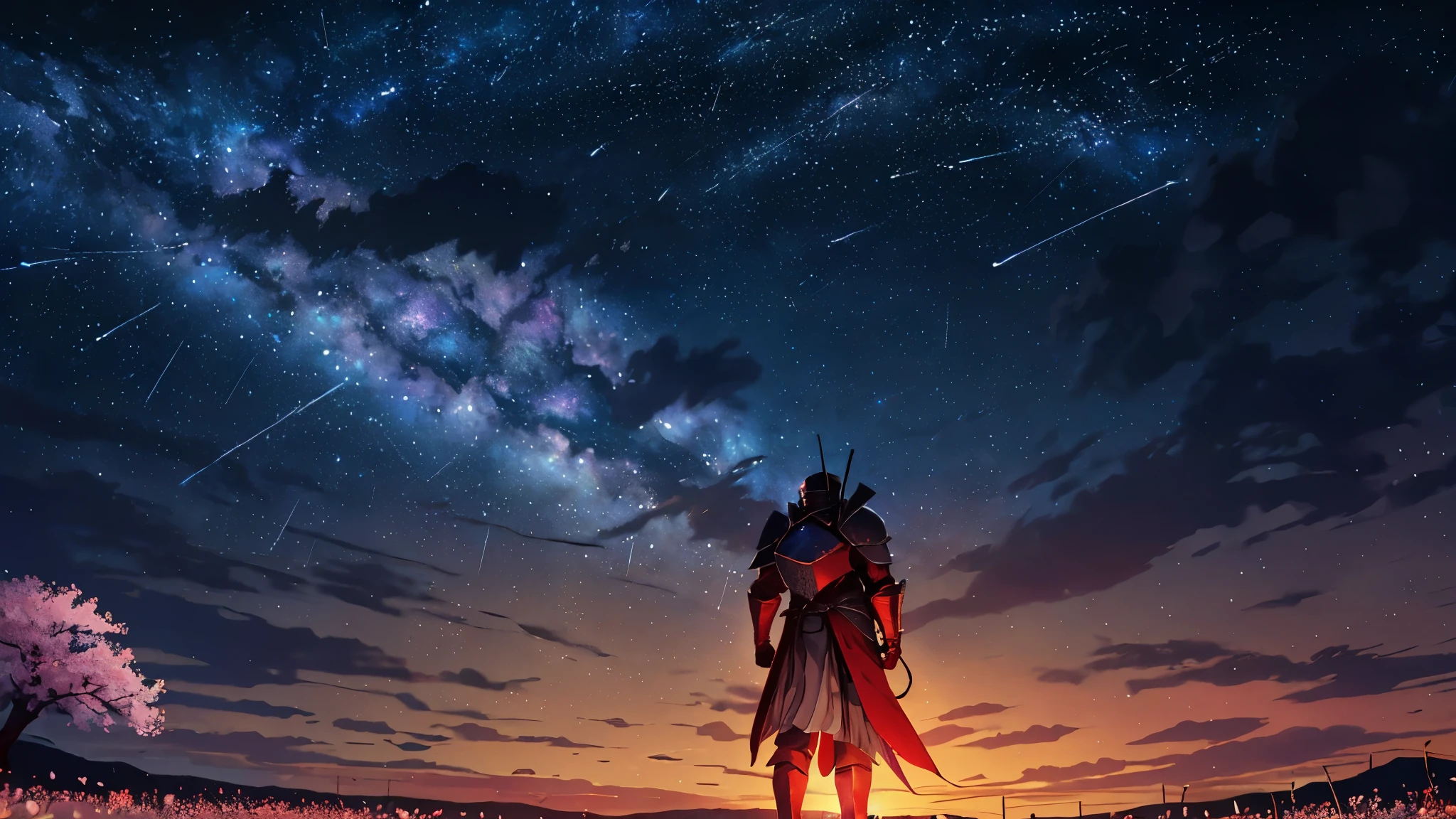 1man, distant man wearing a crusader armour staring at the stars, (zoomed out:1.1), (meteor shower:1.2), (comet:1.1), your name, low angle, from behind, aroura borealis, shooting star, yukata, red armour, cherry blossoms, standing in a field,best quality, masterpiece, cloud,colorful, starry,stars,