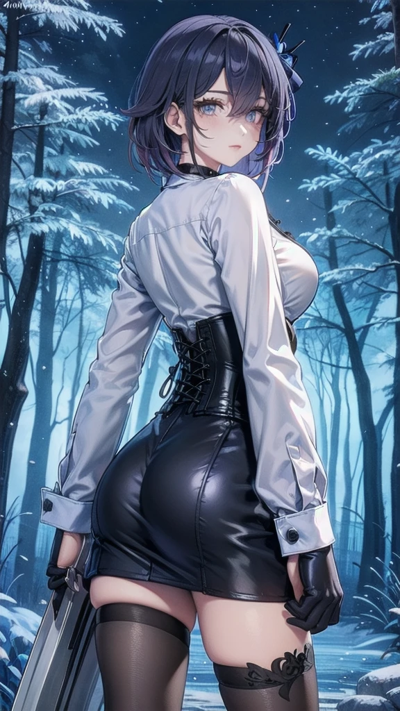 Masterpiece, Beautiful art, professional artist, 8k, Very detailed face, Detailed clothing, detailed fabric, 1 girl, Soul Fullness \(Honkai Impact 3rd\), view from behind, perfect ass, standing, BIG BREASTS, perfectly drawn body, shy expression, pale skin, beautiful face, short dark blue hair, 4k eyes, very detailed eyes, pink cheeks, choker:1.6, (white long sleeve button down shirt with white collar), black gloves, gloves that cover hands, (holds an ax with his right hand), (black leather corset), (shiny black tight mini skirt), Sensual Lips , winter night, show details in the eyes, looking at the viewer, dark forest, Atmosphere, fog, At night