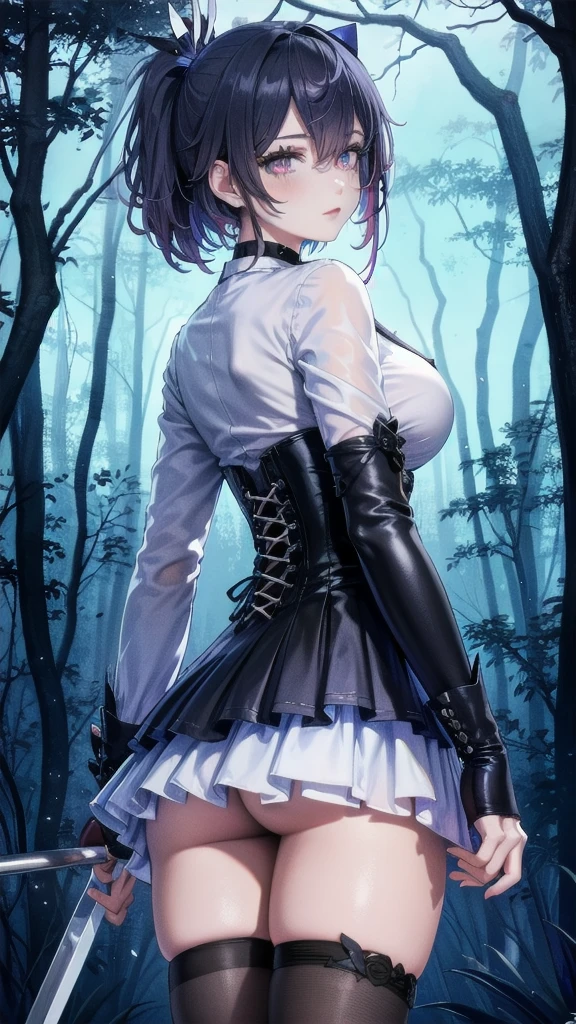 Masterpiece, Beautiful art, professional artist, 8k, Very detailed face, Detailed clothing, detailed fabric, 1 girl, Soul Fullness \(Honkai Impact 3rd\), view from behind, perfect ass, standing, BIG BREASTS, perfectly drawn body, shy expression, pale skin, beautiful face, short dark blue hair, 4k eyes, very detailed eyes, pink cheeks, choker:1.6, (white long sleeve button down shirt with white collar), black gloves, gloves that cover hands, (holds an ax with his right hand), (black leather corset), (shiny black tight mini skirt), Sensual Lips , winter night, show details in the eyes, looking at the viewer, dark forest, Atmosphere, fog, At night