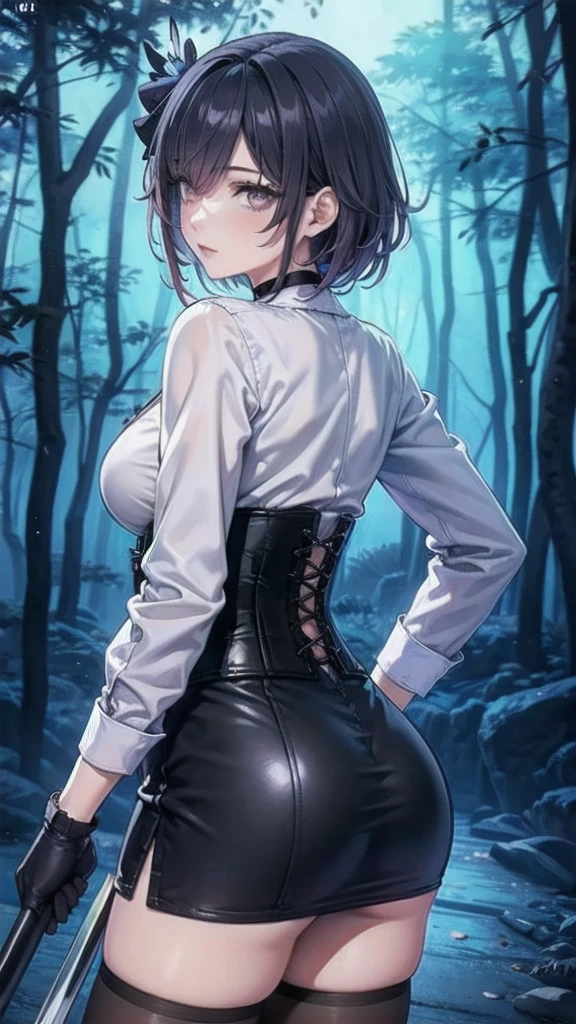 Masterpiece, Beautiful art, professional artist, 8k, Very detailed face, Detailed clothing, detailed fabric, 1 girl, Soul Fullness \(Honkai Impact 3rd\), view from behind, perfect ass, standing, BIG BREASTS, perfectly drawn body, shy expression, pale skin, beautiful face, short dark blue hair, 4k eyes, very detailed eyes, pink cheeks, choker:1.6, (white long sleeve button down shirt with white collar), black gloves, gloves that cover hands, (holds an ax with his right hand), (black leather corset), (shiny black tight mini skirt), Sensual Lips , winter night, show details in the eyes, looking at the viewer, dark forest, Atmosphere, fog, At night