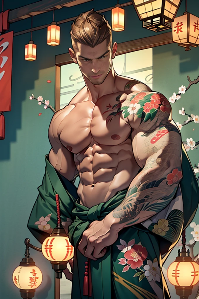 A handsome tall man standing, He is 28 years old,Thin waist,The pectoral muscles are well developed, He is 175cm tall,Weight 62 kg、yellow-green eyes、brown hair color、short hair、Shirtless、underwear、looking into camera,Gangster,Late Night,Japanese-style room,Tatami,Japanese flowers,Paper doors,lantern,kimono,Japanese totem tattoo,(super high angle shot),Gorgeous Japanese totem background,Japanese flower arrangement,Japanese-style screen,Rich scene decorations