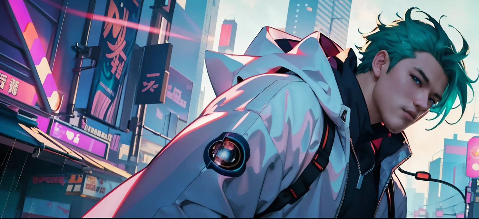 anime girl character in a raincoat, Abstraction on the background, cities, 1 man, adult, cute, tall muscular guy, broad shoulders, Detailed eyes and face, overflowing magic, Green light, (masterpiece, Side light, Lovely beautiful eyes: 1.2), HDR, Digital Cyberpunk Anime Art, ross tran 8 k,