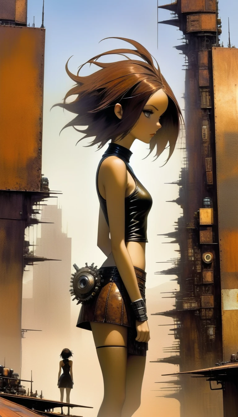 advertising signs in the desert, rusty smooth metal panels with screwed and welded parts, a girl in a leather miniskirt and tight tank top, pronounced nipples, in the distance you can see a futuristic city (art inspired by Dave Mckean, details intricate, oil painting)