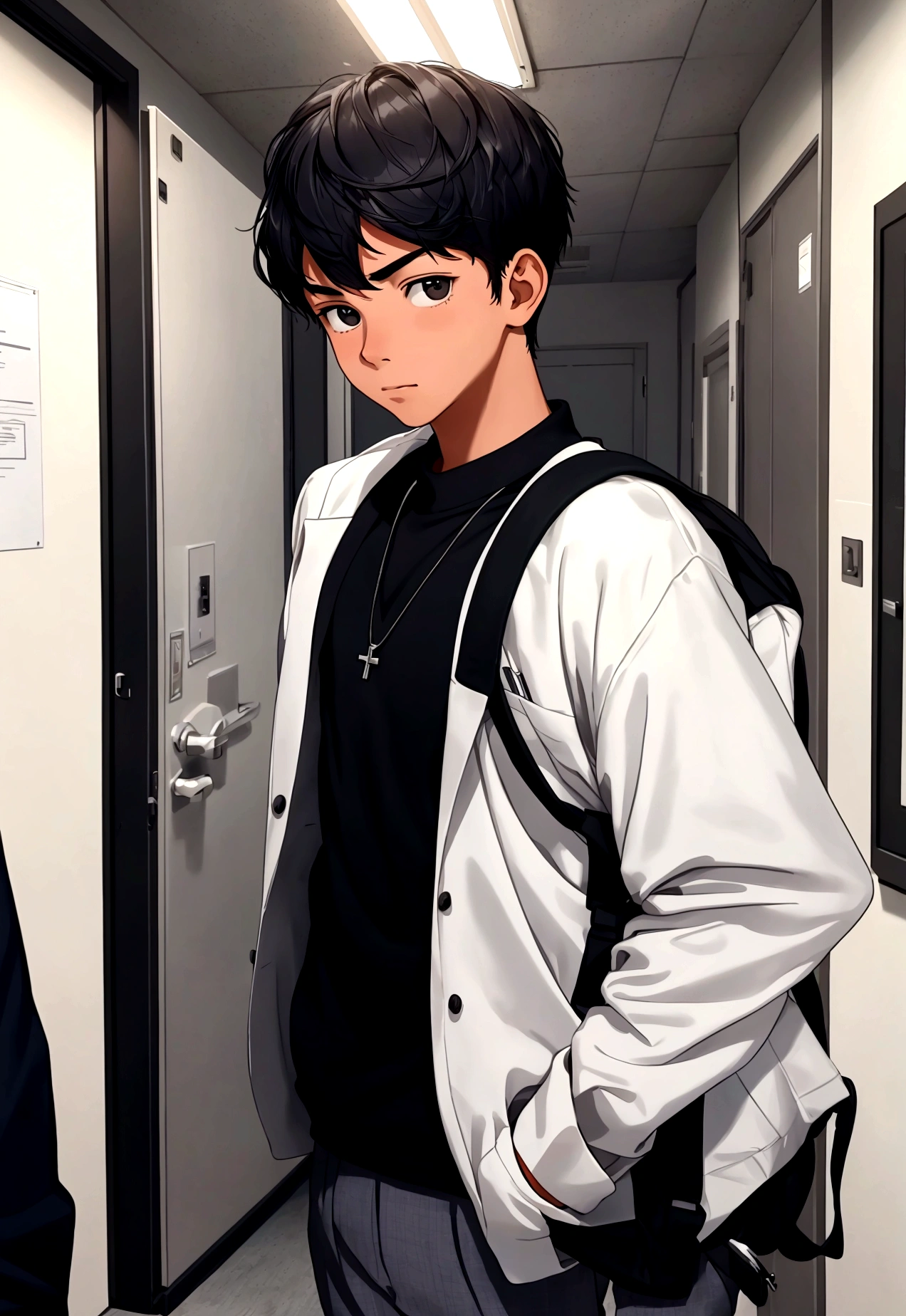 generates the image of a 15-year-old boy arriving for his first day of school in a room that says business management