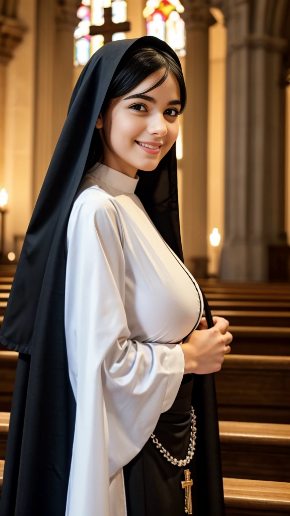 Front view, breast portrait , Charming Brigitte Bardot, nun, (black nun robe, cleavage), in church, looking at viewer, dim light passing through hair