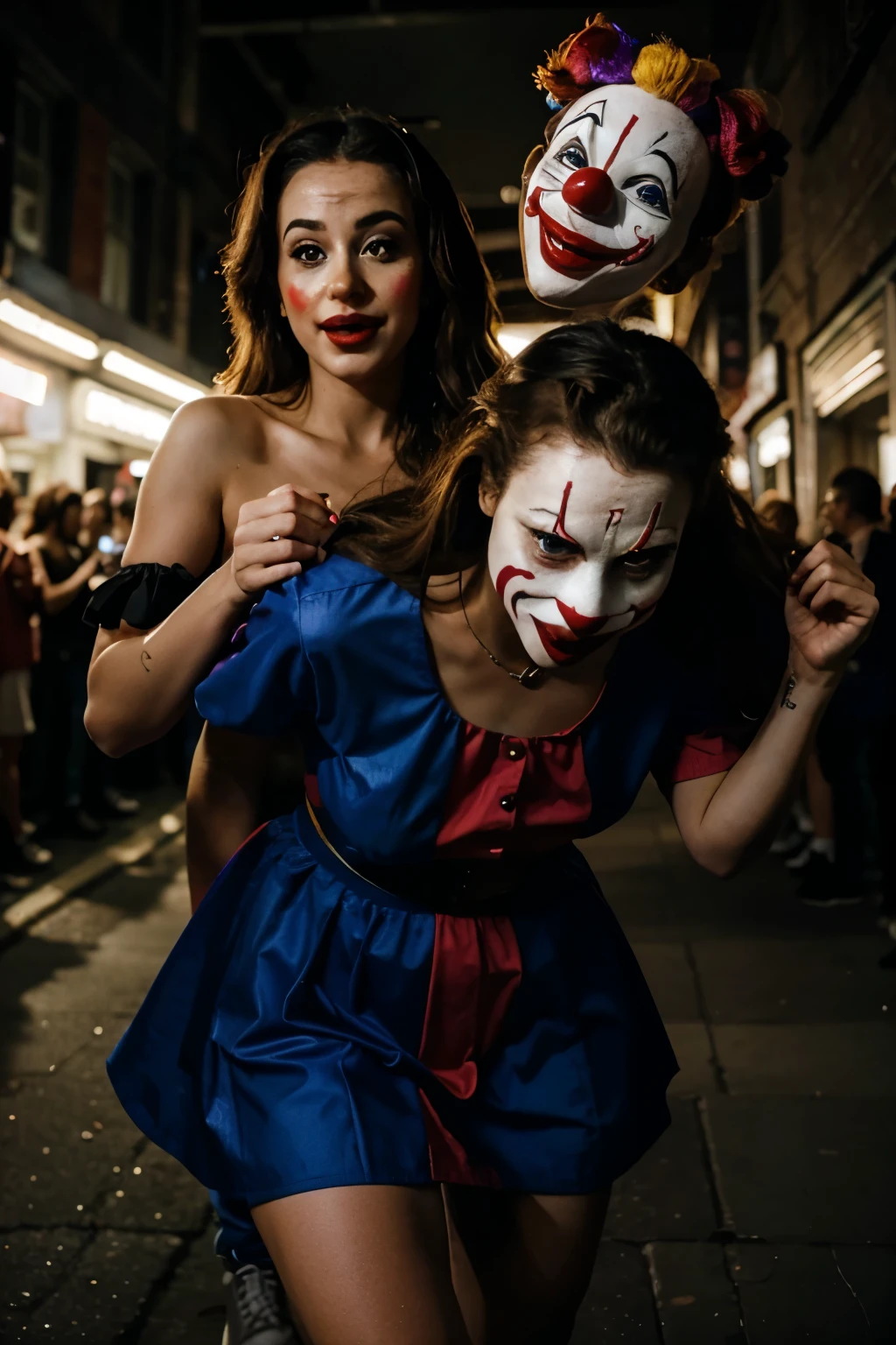 Beautiful woman is chased by a man in a clown mask in a slightly dark place