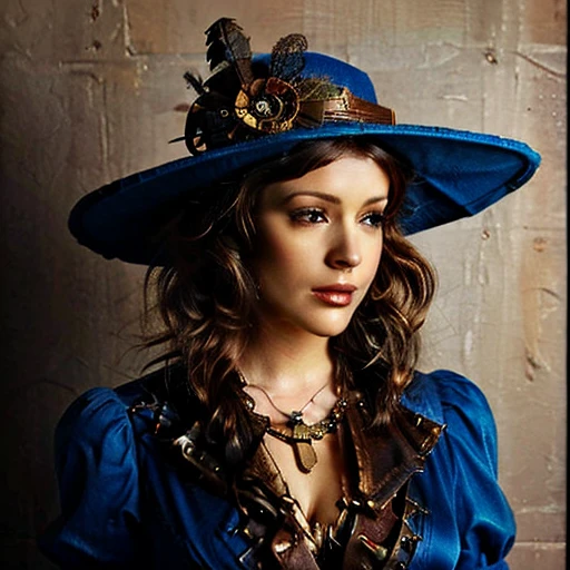 A photorealistic close up of a beautiful woman wearing a steampunk style blue hat and dress, beautiful character painting,  stunning character art, digital art of an elegant, elegant digital painting, steampunk digital photo