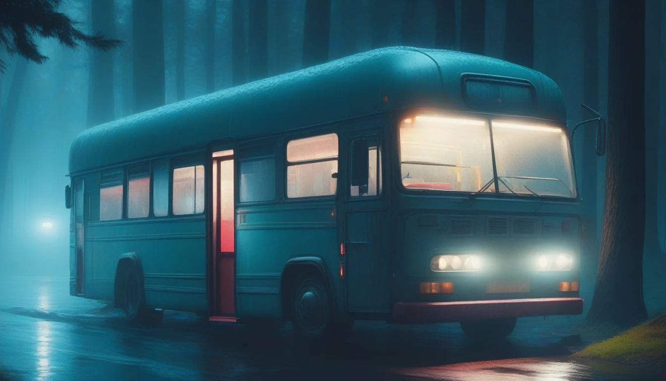 there is a bus that is parked in the rain in the woods, in the art style of filip hodas, inspired by Simon Stålenhag, beeple. hyperrealism, realism | beeple, inspired by Filip Hodas, beeple style, in style of beeple, artem demura beeple