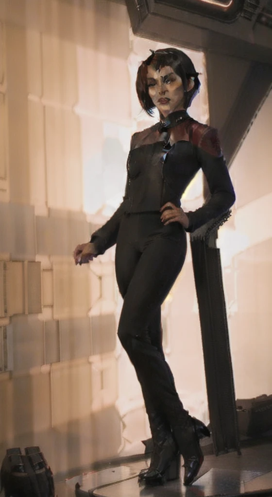 side (bob haircut1:1), vulcan girl, star trek ,  (pcdst red uniform:1.25),black pants pointy ears,