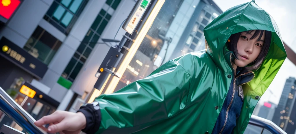 anime girl character in a raincoat, Abstraction on the background, cities, 1 man, adult, cute, tall muscular guy, broad shoulders, Detailed eyes and face, overflowing magic, Green light, (masterpiece, Side light, Lovely beautiful eyes: 1.2), HDR, Digital Cyberpunk Anime Art, ross tran 8 k,