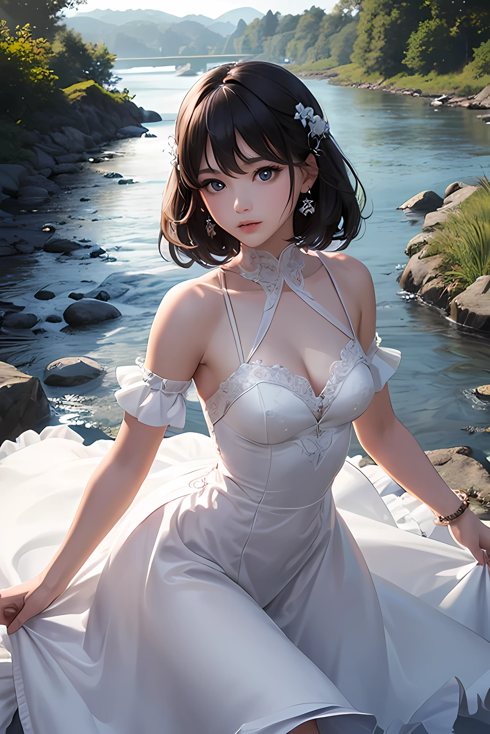 (Highest quality、Highest quality、Masterpiece、Very delicate、Very detailed、Exquisite、16K、Full HD)、1 female、(White dress、Flared mini skirt、、Floral decoration、gem、ribbon、White frills)、Perfect body line、Glowing Skin、(Groomed eyebrows、Pink Lips、Blue Eyeysterious Face)、(Black Hair、Medium Hair、Shiny Hair)、Dynamic Pose、Dramatic lighting、(Riverbank、stream)