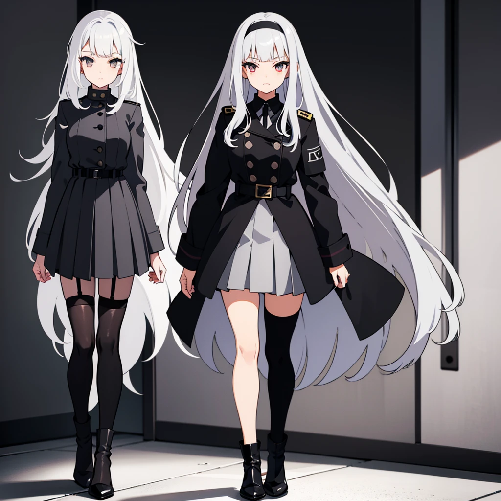 girl，Long gray-white gradient gray hair，redeyes，White pleated skirt，Black army coat，White stockings on the left leg，Right leg black stockings，Gray low-heeled boots，black glove，Face extremely detailed, ( high resolution eyes),( different colored left eye( gray color))