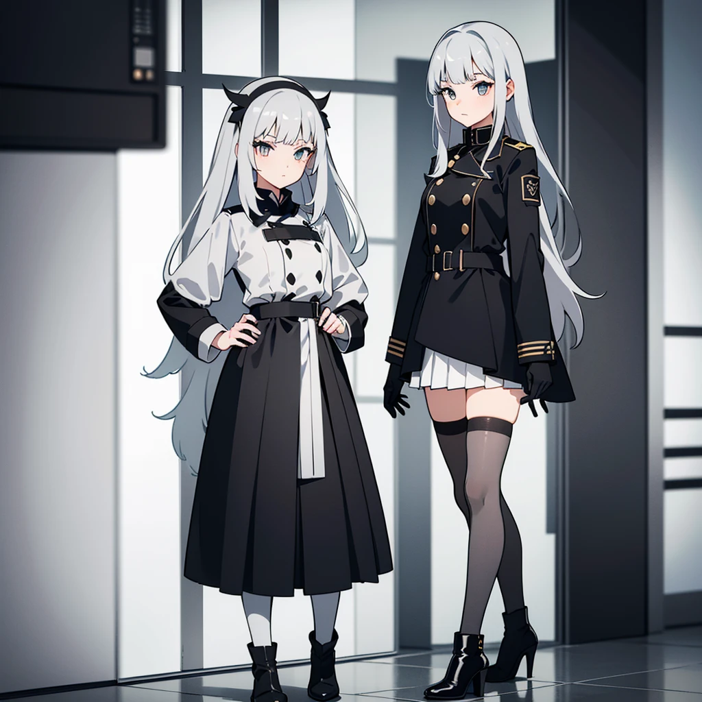 girl,Long gray-white gradient gray hair,redeyes,White pleated skirt,Black army coat,White stockings on the left leg,Right leg black stockings,Gray low-heeled boots,black glove,Face extremely detailed, ( high resolution eyes),( different colored left eye( gray color))