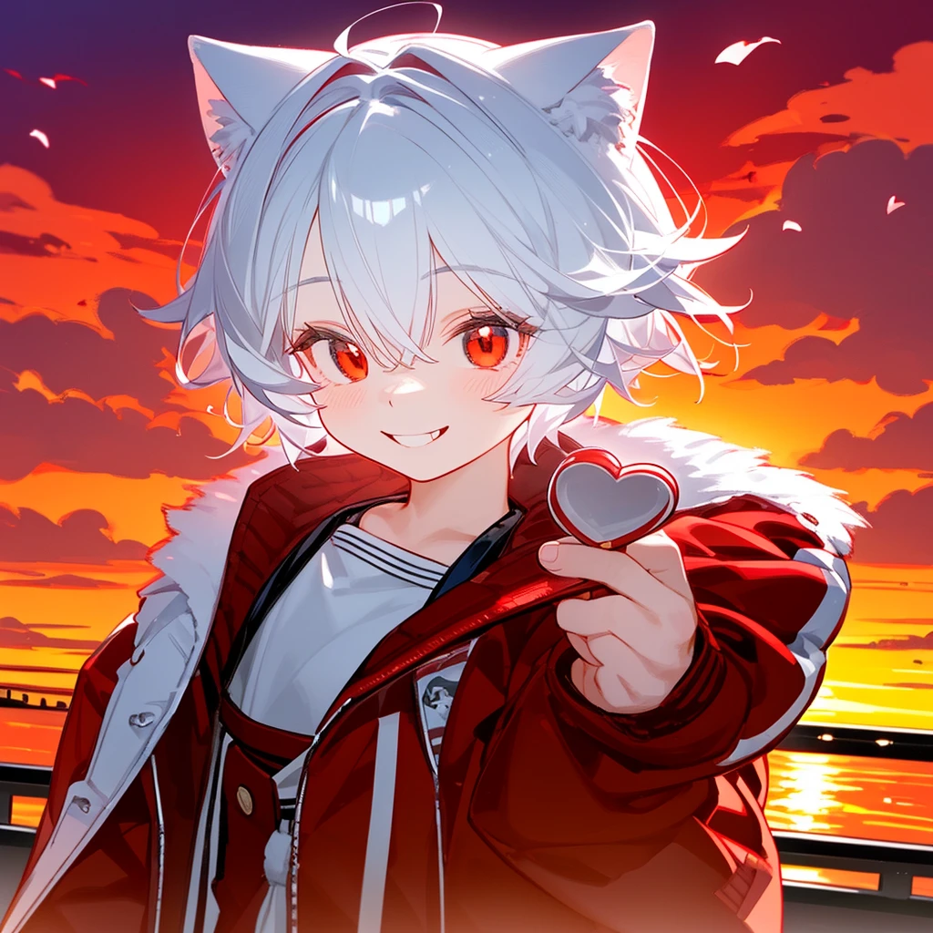 A solo cat boy, With white hair, red eyes, , wearing jacket, bust up!!!!!!!!!,cute boy in school, Holding a candy , smile, sunset