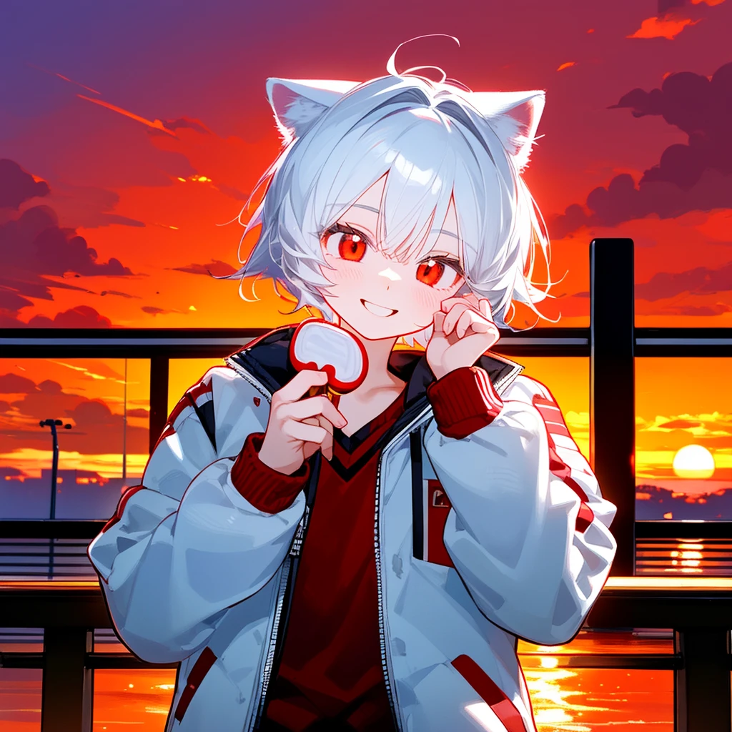 A solo cat boy, With white hair, red eyes, , wearing jacket, bust up!!!!!!!!!,cute boy in school, Holding a candy , smile, sunset