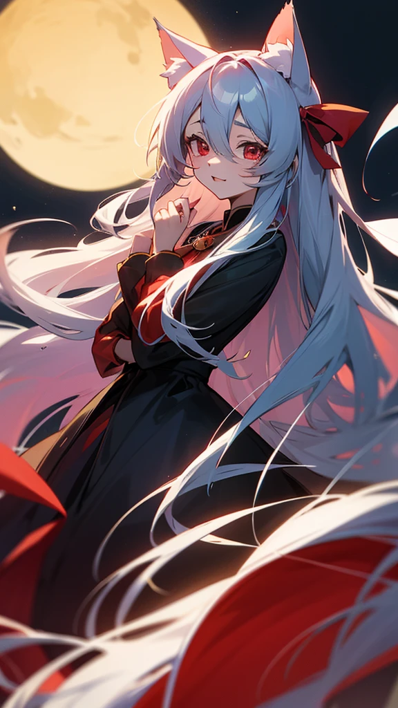 Highest Quality, White hair, Long hair, Red Eyes, (maid clothes:1.2), Wolf ears, Wolf's tail, Big Full Moon in the Night Sky, Big ass, tusk