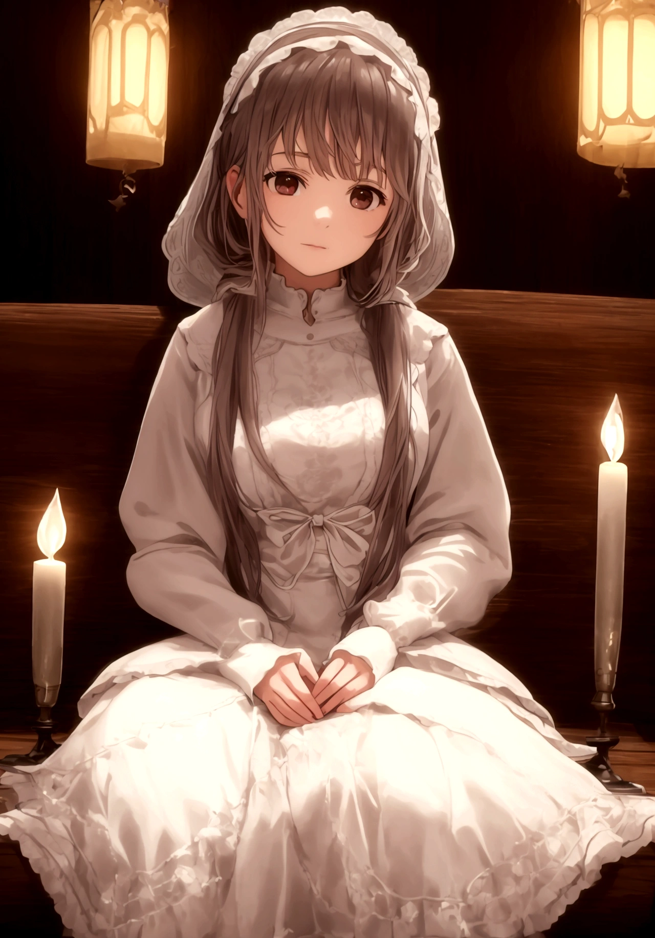 ultra-detailed,highly detailed,best quality,masterpiece,illustration, 
A woman is sitting on a bench in a room. She is wearing a white dress and has long hair. The room is dimly lit, with two lamps and a lantern casting a warm glow. The woman appears to be relaxed and content, perhaps lost in thought. The room itself is cozy and inviting, with a dark color scheme and minimalistic decor. The scene evokes a sense of peace and tranquility. The woman''s posture suggests she is sitting comfortably, leaning slightly back on the bench. The overall atmosphere is serene and intimate.