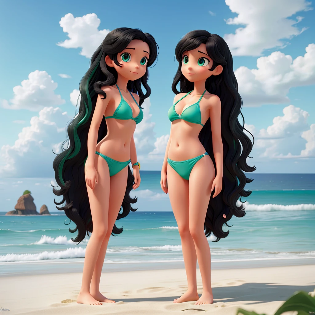 Twin sisters on the beach, white, highres, one with straight black hair and the other with long, wavy hair, blue green bikini 