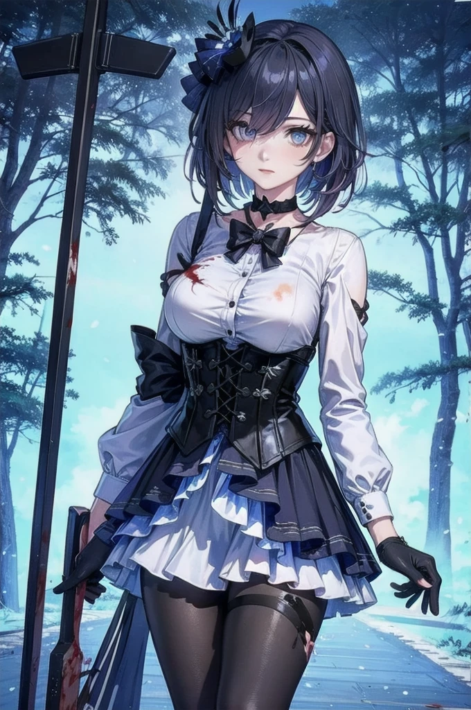 ((blood droplets)), ((blood)), ((blood splatter)), ((blood on clothes)), ((blood stain)), Masterpiece, Beautiful art, professional artist, 8k, Very detailed face, Detailed clothing, detailed fabric, 1 girl, Soul Fullness \(Honkai Impact 3rd\), front view, standing, BIG BREASTS, perfectly drawn body, shy expression, pale skin, beautiful face, short dark blue hair, 4k eyes, very detailed eyes, pink cheeks, choker:1.6, (white long sleeve button down shirt with white collar), black gloves, gloves that cover hands, (holds an ax with his right hand), (black leather corset), (shiny black leggings), Sensual Lips , winter night, show details in the eyes, looking at the viewer, dark forest, Atmosphere, fog, At night