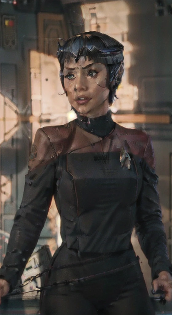 side (bob haircut1:1), vulcan girl, star trek ,  (pcdst red uniform:1.25),black pants pointy ears,borg