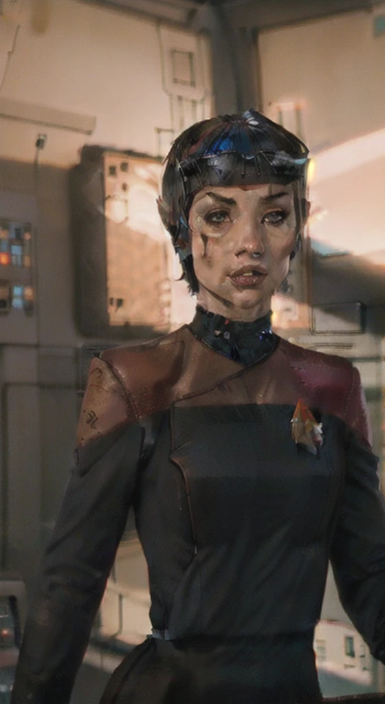 side (bob haircut1:1), vulcan girl, star trek ,  (pcdst red uniform:1.25),black pants pointy ears,borg