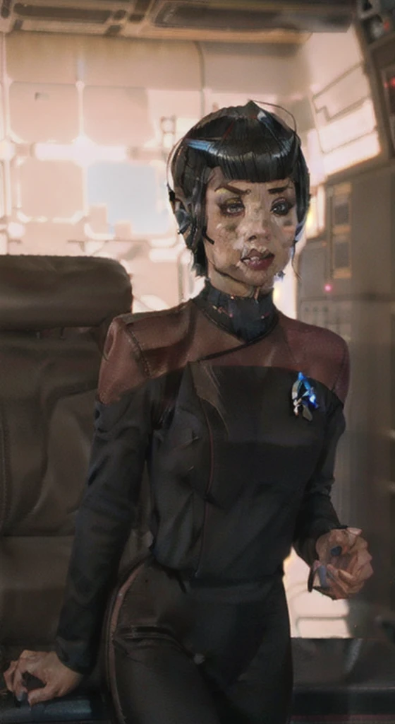 side (bob haircut1:1), vulcan girl, star trek , (pcdst red uniform:1.25),black pants pointy ears,borg