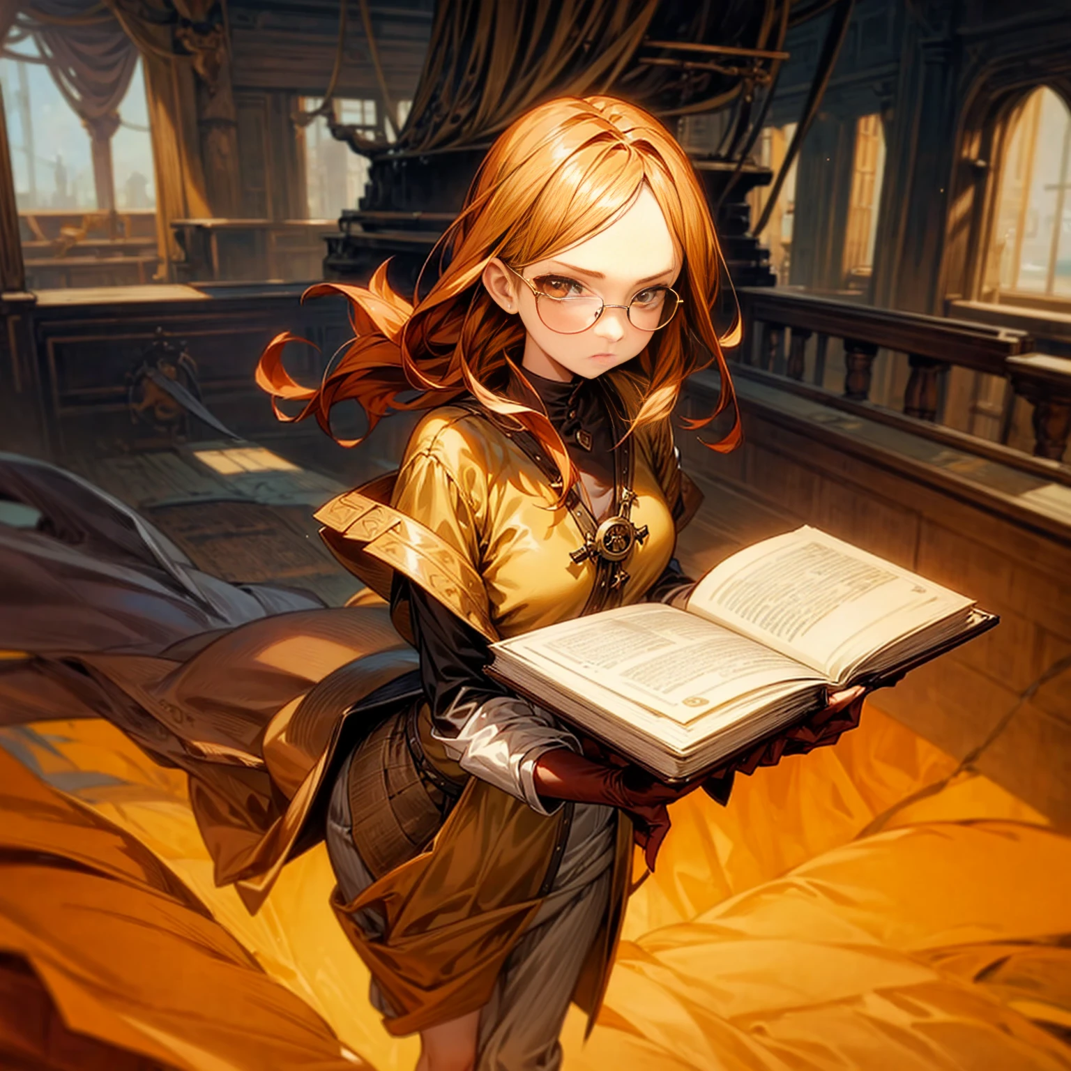 1adult girl, Full body version, 1character, girl version, almond eyes, long haircut, orange colour hair, sad eyes, glasses, medieval style clothing, gold book in hand, background in inside a pirate ship, motion blur, (Hunter x Hunter style art)